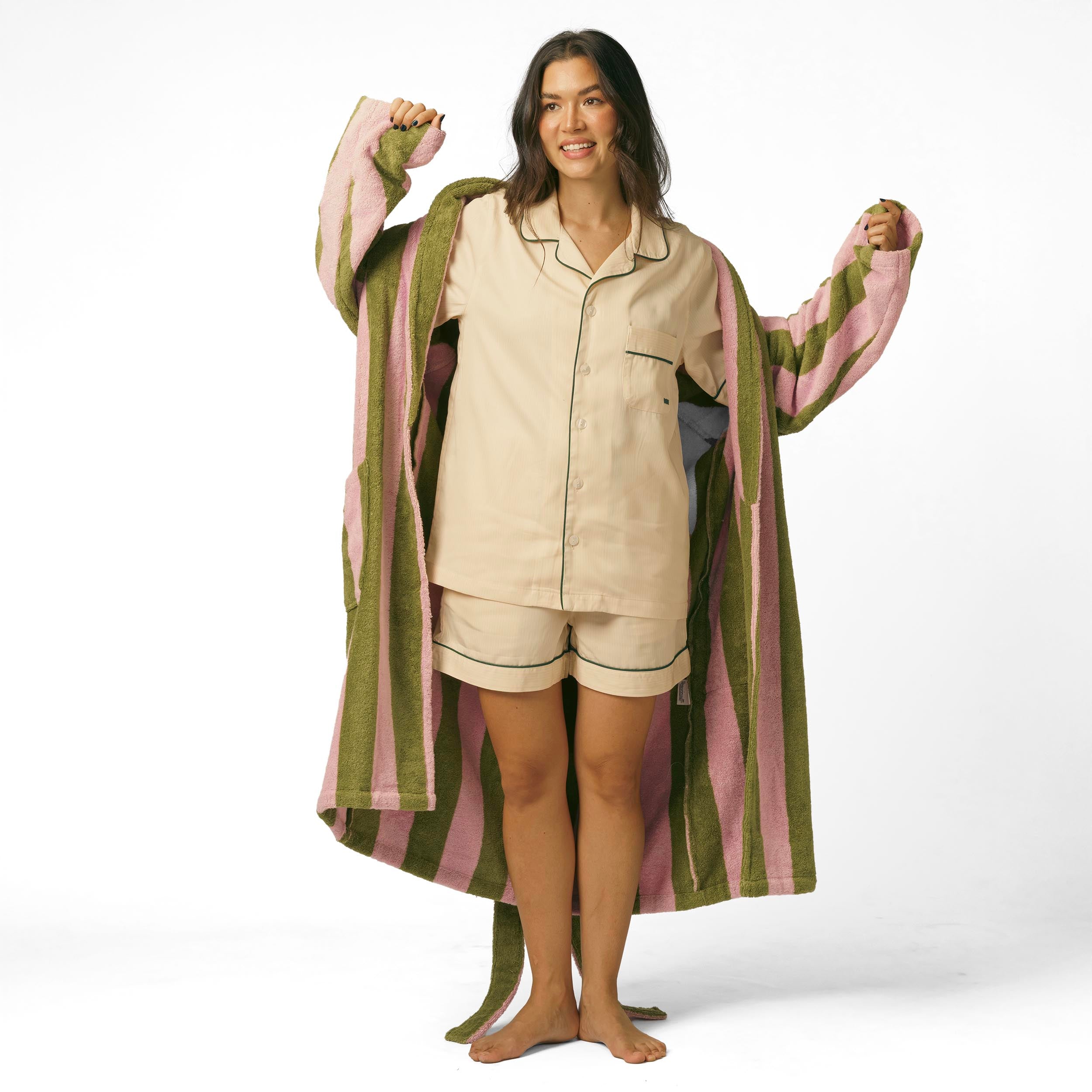 green and pink striped dressing gown Terry Robe (Green and Pink Stripes) Marshmellow Fabrics